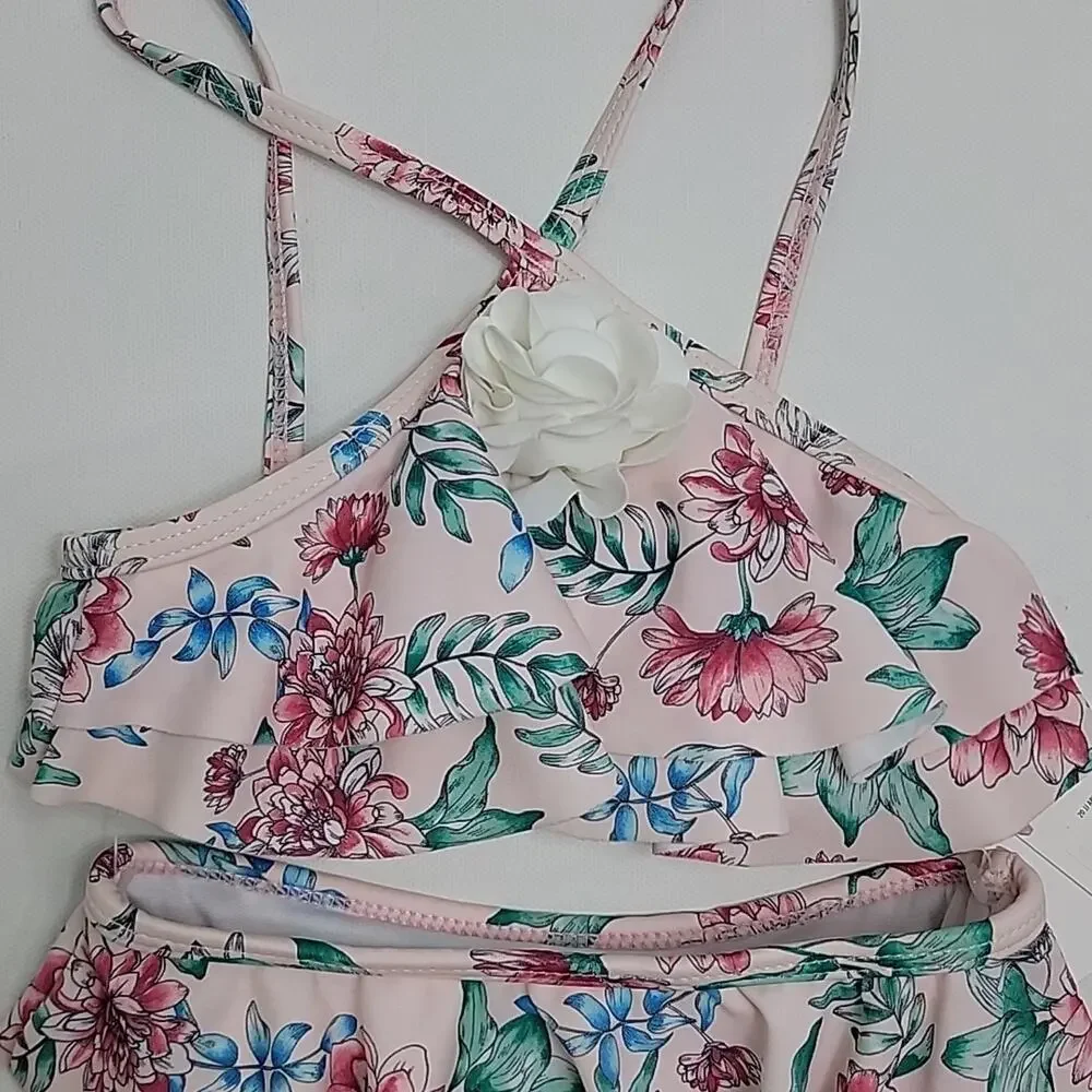 Janie and Jack Ruffled Floral Print Pink Two Piece Baby Girl‎ Swimsuit 6-12M